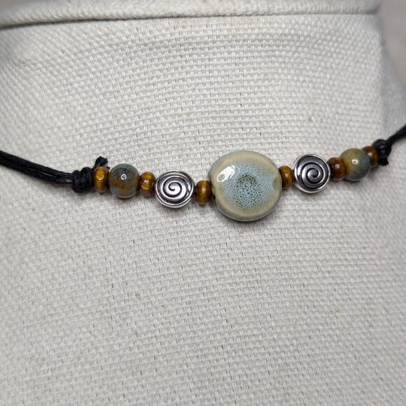 Circle Spiral Charm Blue Green Ceramic Wood Bead Boho Whimsical Choker Necklace - Picture 2 of 4